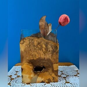 One of a kind maple burlwood handcrafted vase, with glass insert.